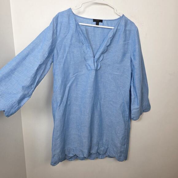 J. Crew Blue Linen Blend Chambray 3/4 Sleeve Coastal Beachy Scalloped Tunic Sz S - Picture 3 of 9
